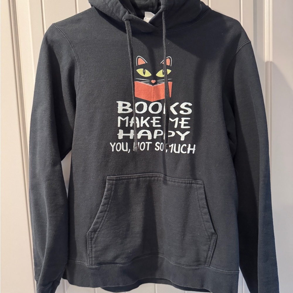Black Cat Hoodie with Book Graphic
